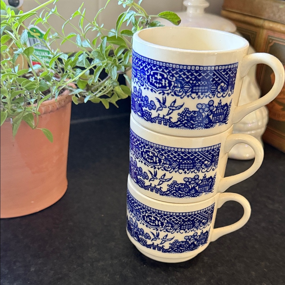 Blue and White Stacked Ceramic Mugs